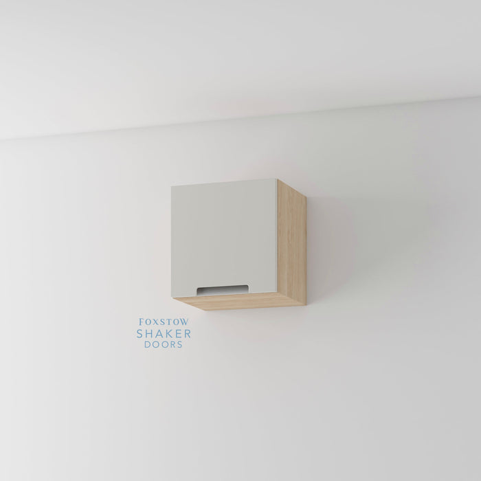Painted, Stop J Groove Stainless Steel Insert Kitchen Door and Roble Oak Cabinet