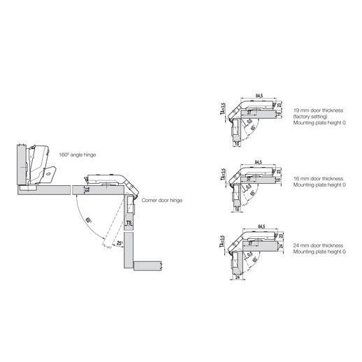 Concealed Cup Hinge, Pie-Cut Corner Hinge, with Full-Cup Drill Hole, Tiomos Pcc